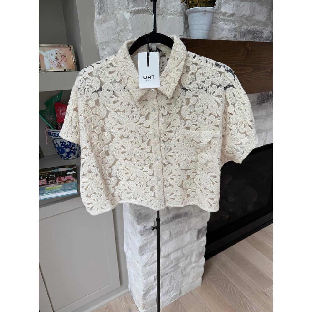OAT New York Women's Cream Embroidered Lace And Mesh Crop Top Size M